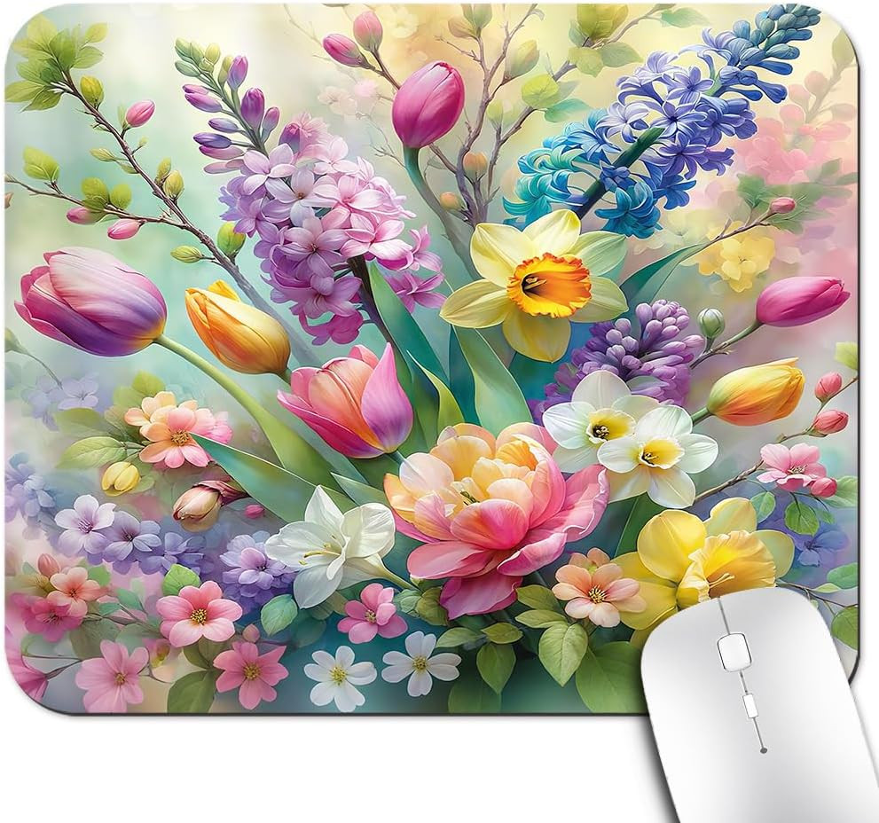 Colorful Spring Flowers Mouse Pad, Dreamy Floral Pink Purple Art Desk Mat