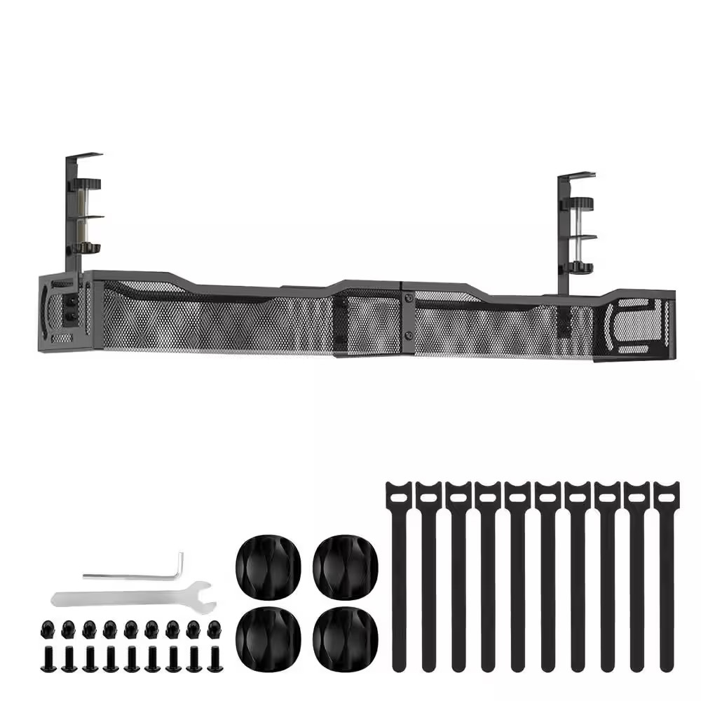 25 In. under Desk Cable Management Tray, Metal Cord Organizer with Clamp for Sta