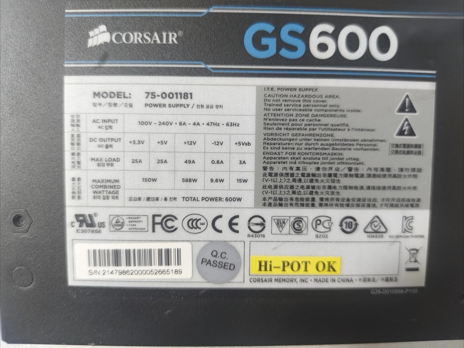 Fully Tested Corsair GS600 600W ATX Desktop PC Power Supply PSU