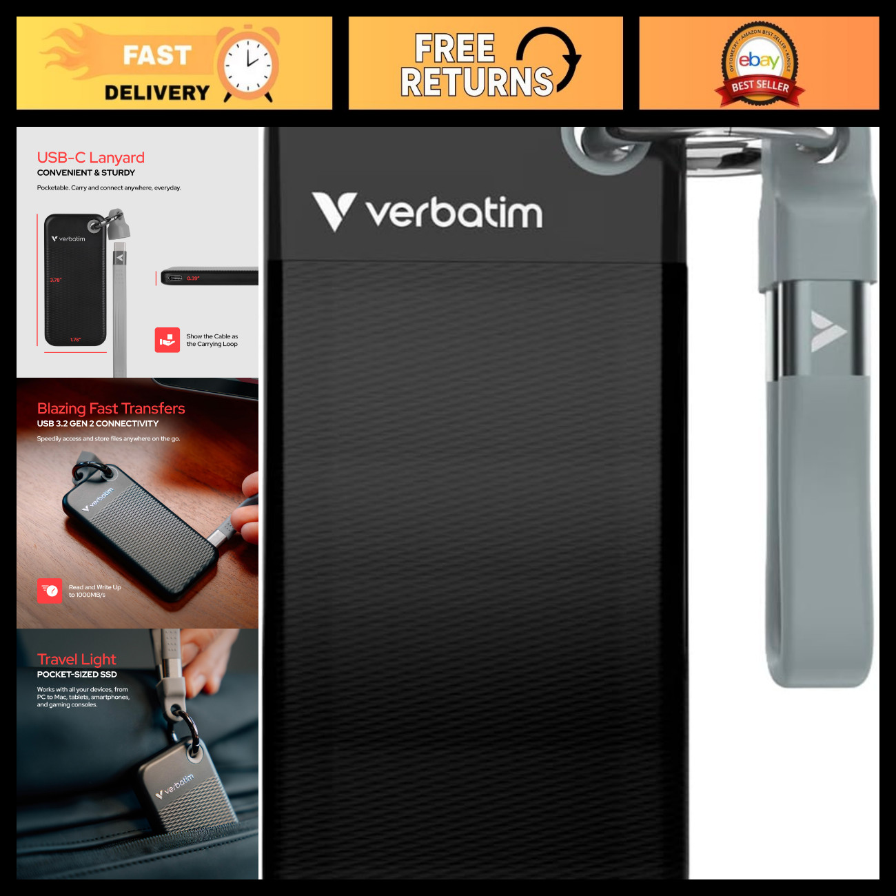 512GB External SSD USB 3.2 Gen 2 Portable Drive - Up to 1000MB/s Speed