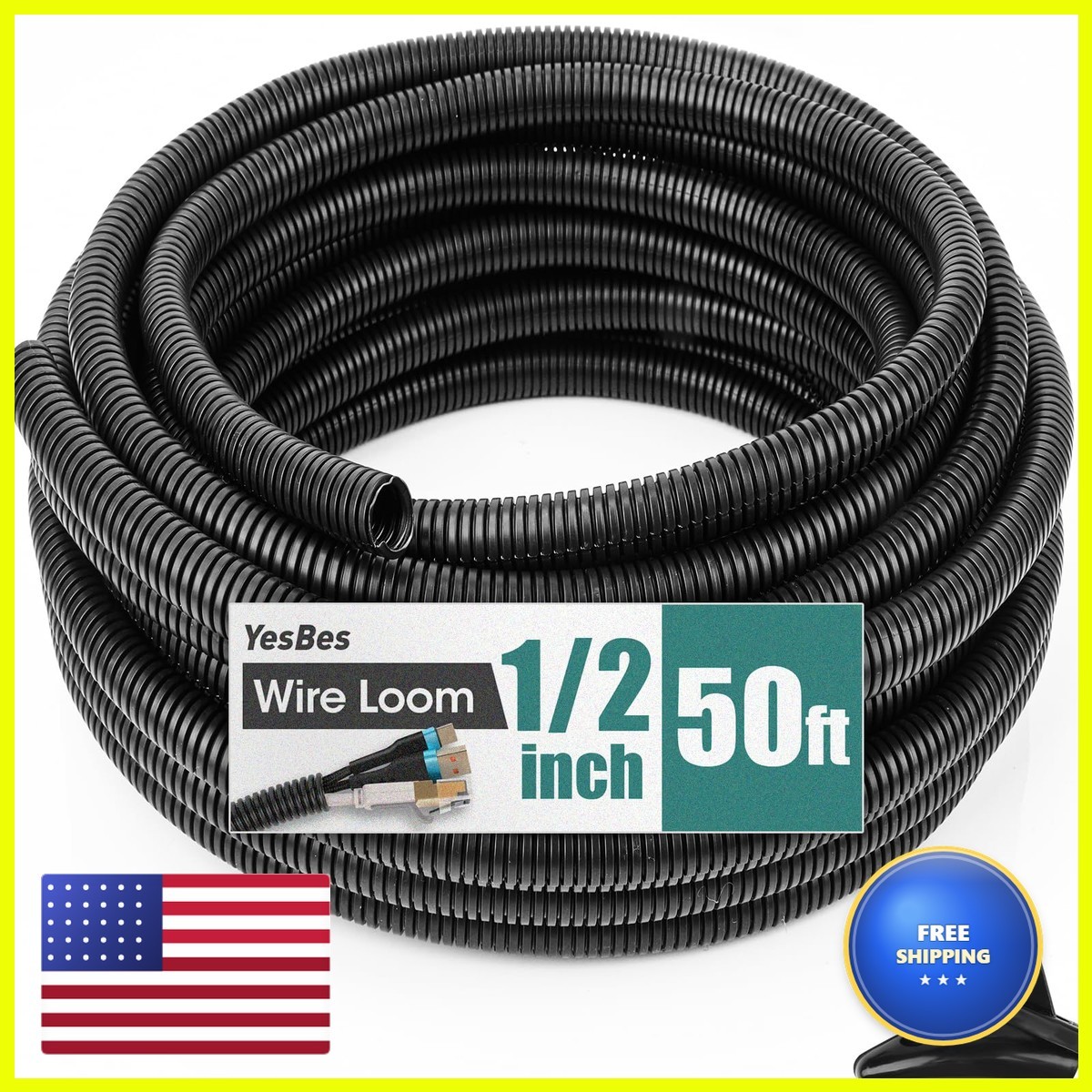 YesBes 50 FT 1/2 Inch Split Wire Loom Tubing Black
