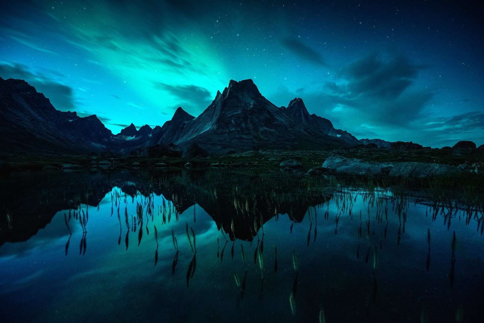 Landscape lake aurorae cyan mountains night stars Custom Gaming Mat Desk