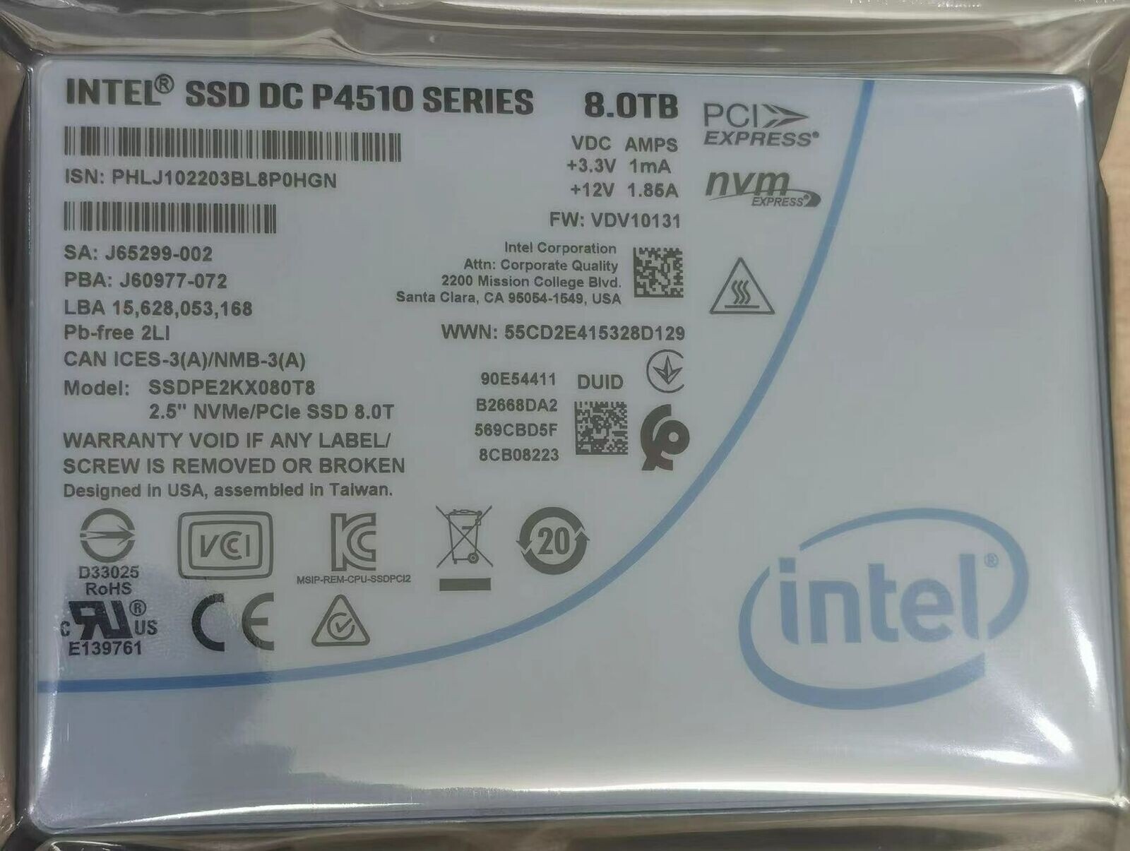 compatible Intel 8TB P4510 Series DC NVME U.2 2.5"SSDPE2KX080T8 SolidState Drive