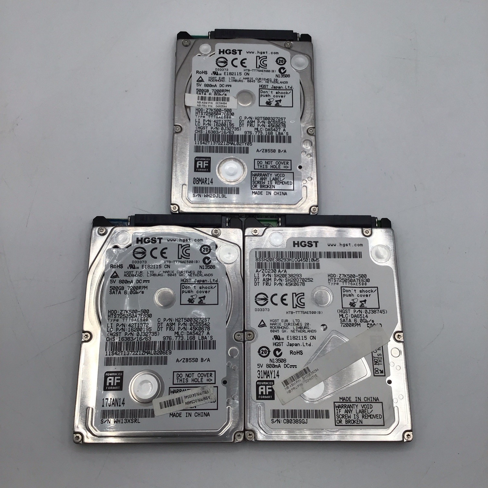 Lot of 3 HGST Z7K500 HTS725050A7E630 500 GB 2.5" SATA III Laptop Hard Drive