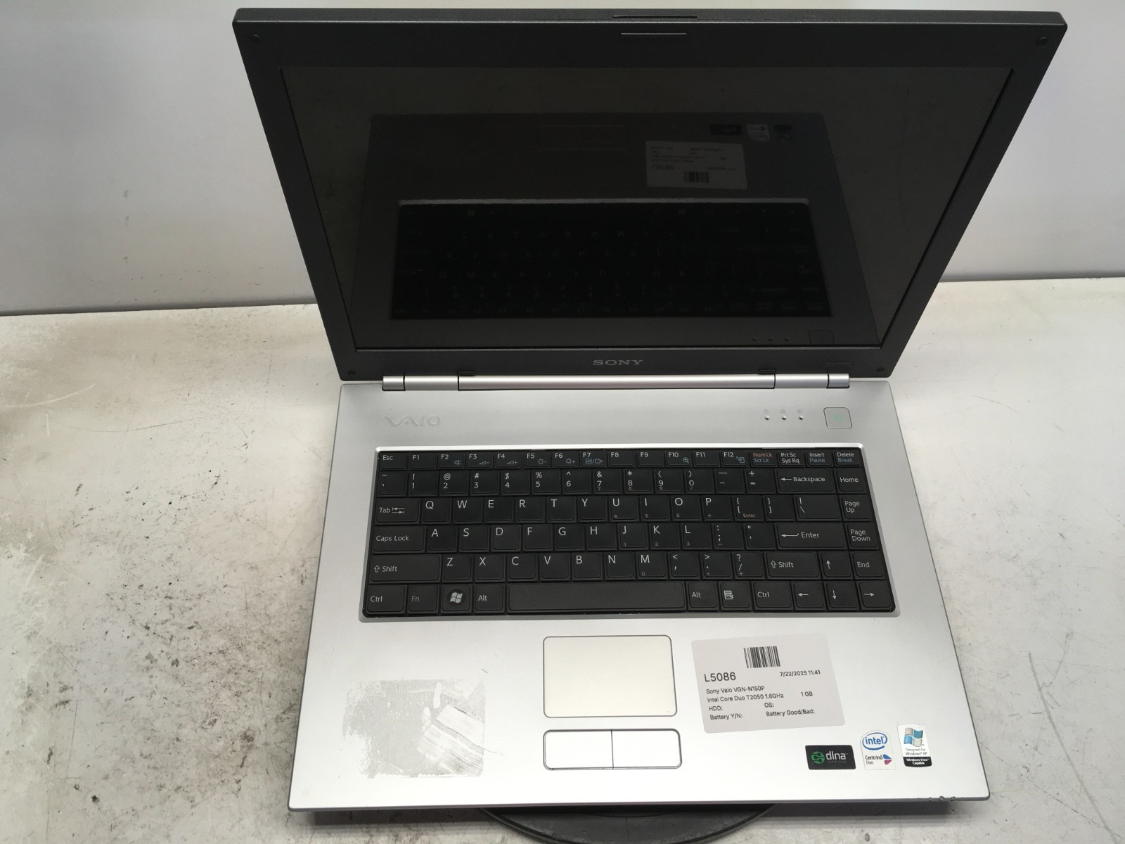 Sony Vaio VGN-N150P Intel Core Duo T2050 1.6GHz 1 GB NO HDD