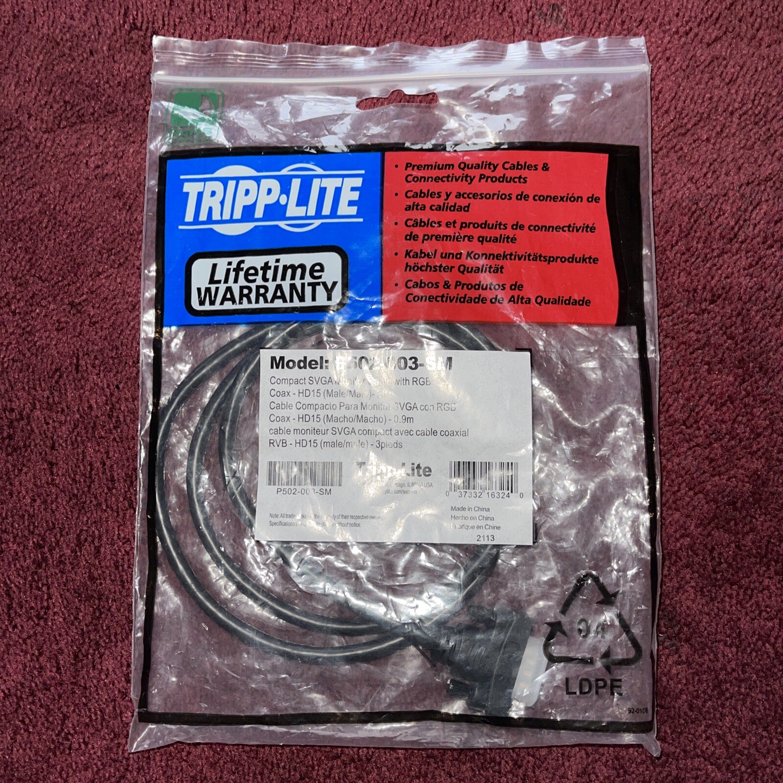 Tripp Lite P502-003-SM Compact SVGA Monitor Cable With RGB Coax HD15 Male/ma 3ft