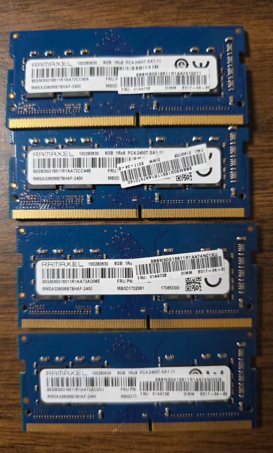 (32GB )  lot of 4x 8GB PC4-2400T SODIMM Laptop Memory Lenovo FRU 01ag702