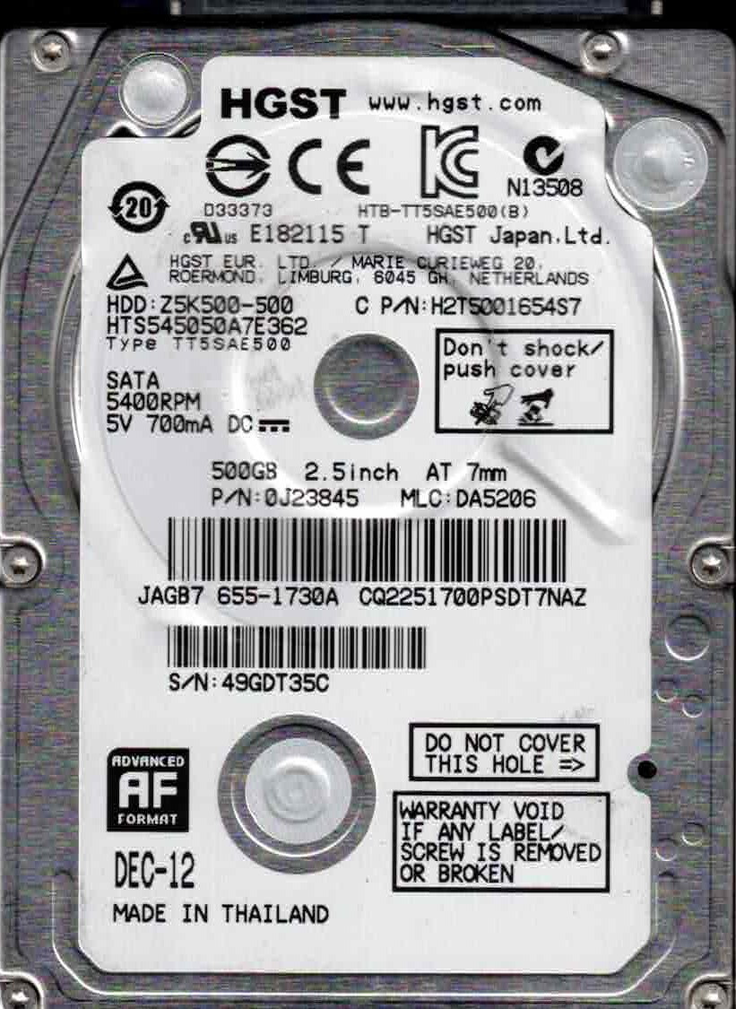 HTS545050A7E362,  0J23845, MLC: DA5206  HGST SATA 500GB  2012