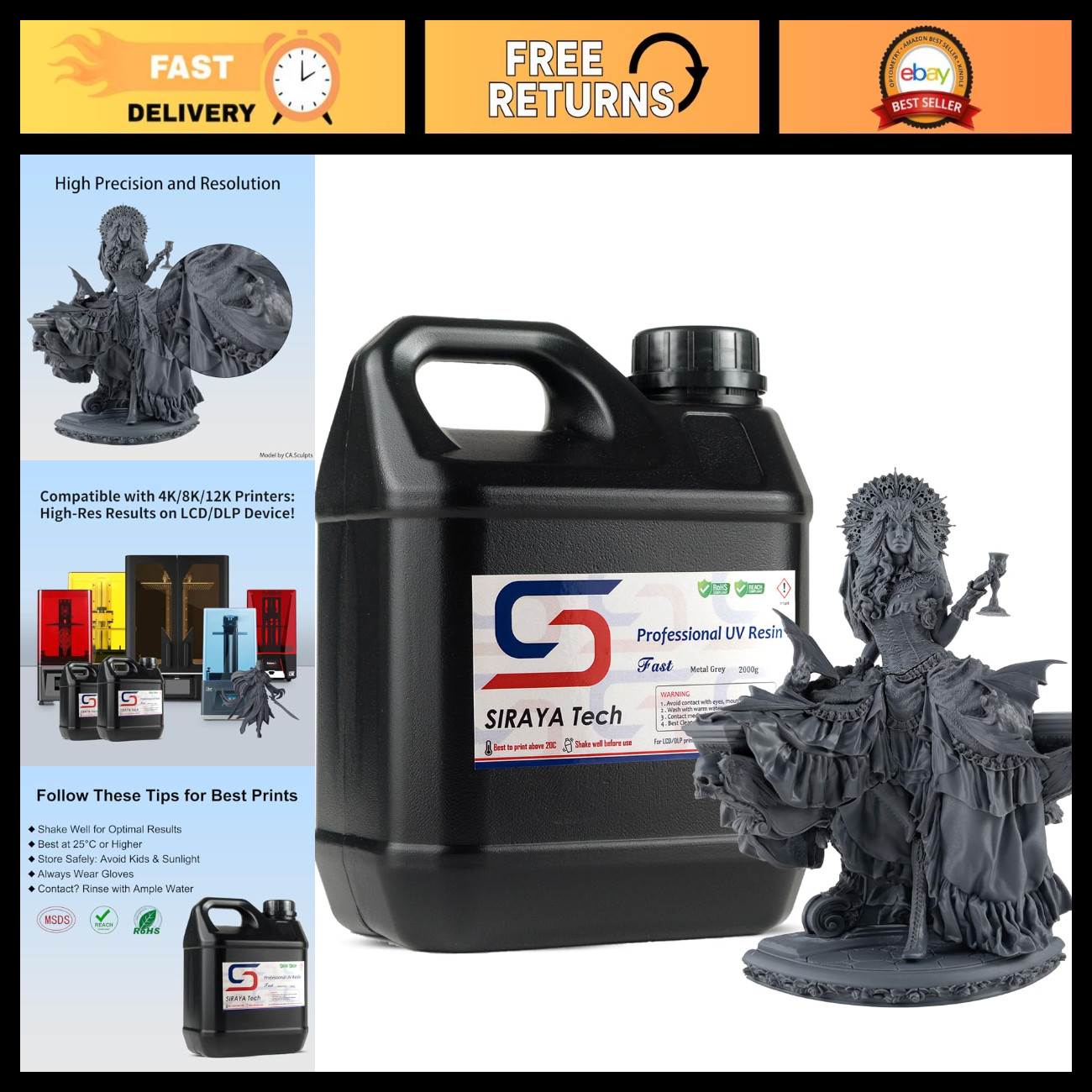 High-Quality Fast ABS-Like 3D Printer Resin, Non-Brittle, Metal Grey, 2kg