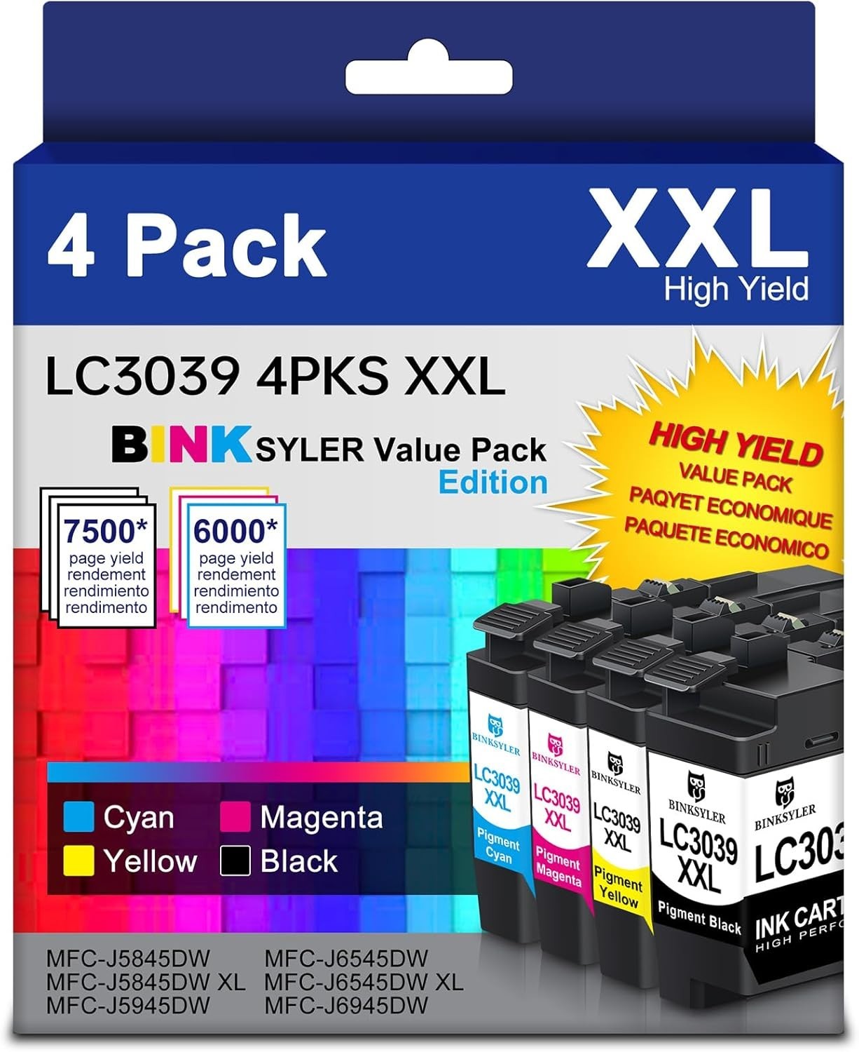 LC3039 BK/C/M/Y XXL Ink Cartridges, Extra High Yield Compatible for Brother LC30