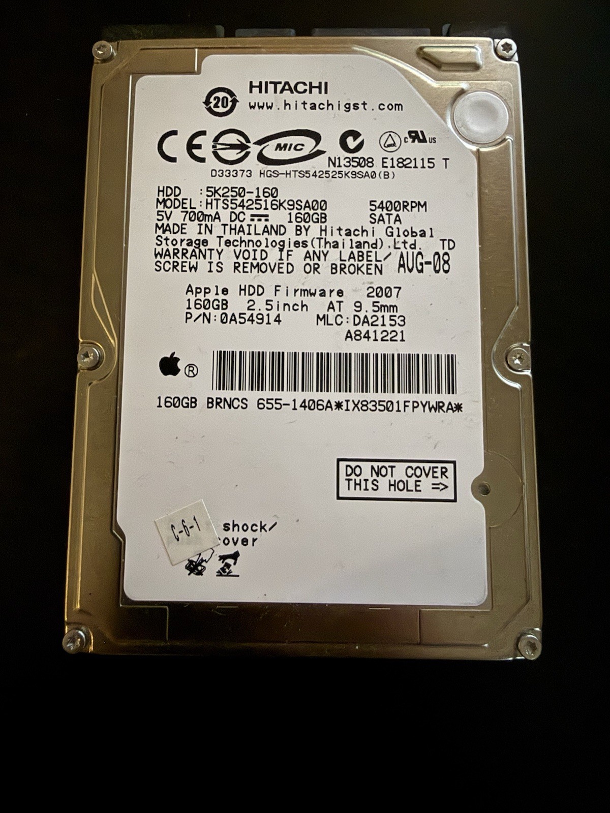 Hitachi HTS542516K9SA00 160GB SATA Hard Drive P/N: 0A54914 MLC: DA2153 Apple