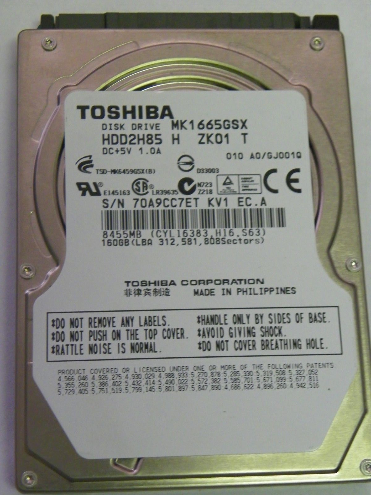 Toshiba MK1665GSX (HDD2H85  H ZK01 T) 010 A0/GJ001Q 160GB 2.5" SATA Hard Drive