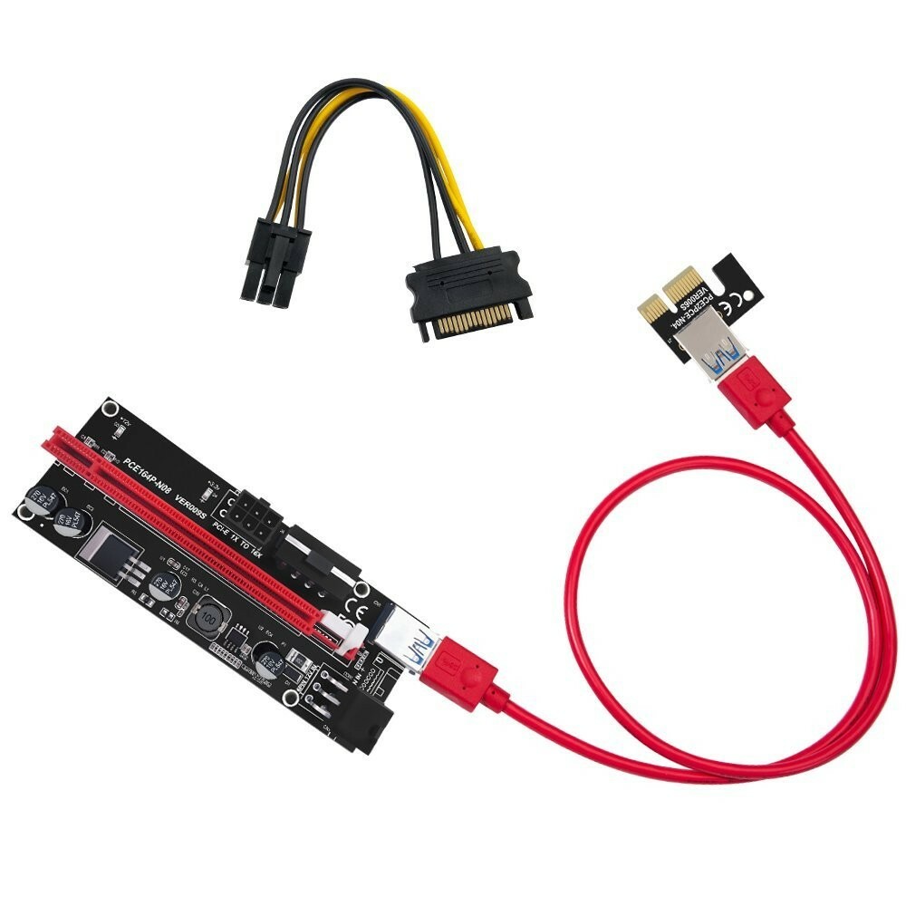 VER009S PCIE Riser Express Cable 1X to 16X (Dual-6pin / Molex Power) W LED