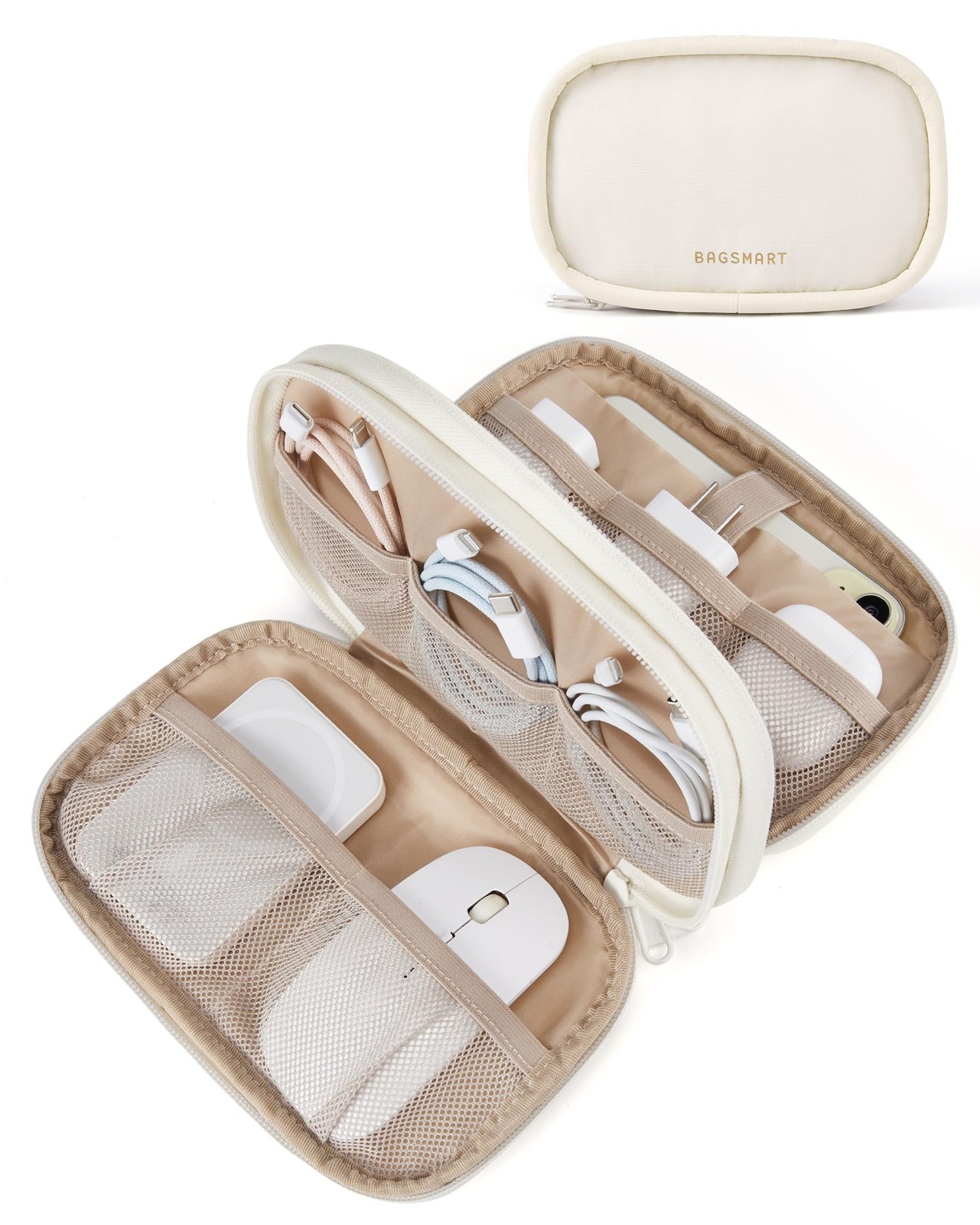 BAGSMART Electronics Organizer Travel Case for Small, A-Double Layer Beige