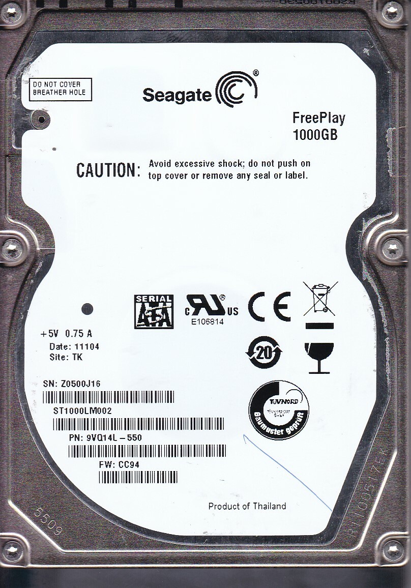 Seagate ST1000LM002 pn:9VQ14L-550 fw: CC94 s/n: Z05 TK 1TB SATA 2.5" HDD 5801