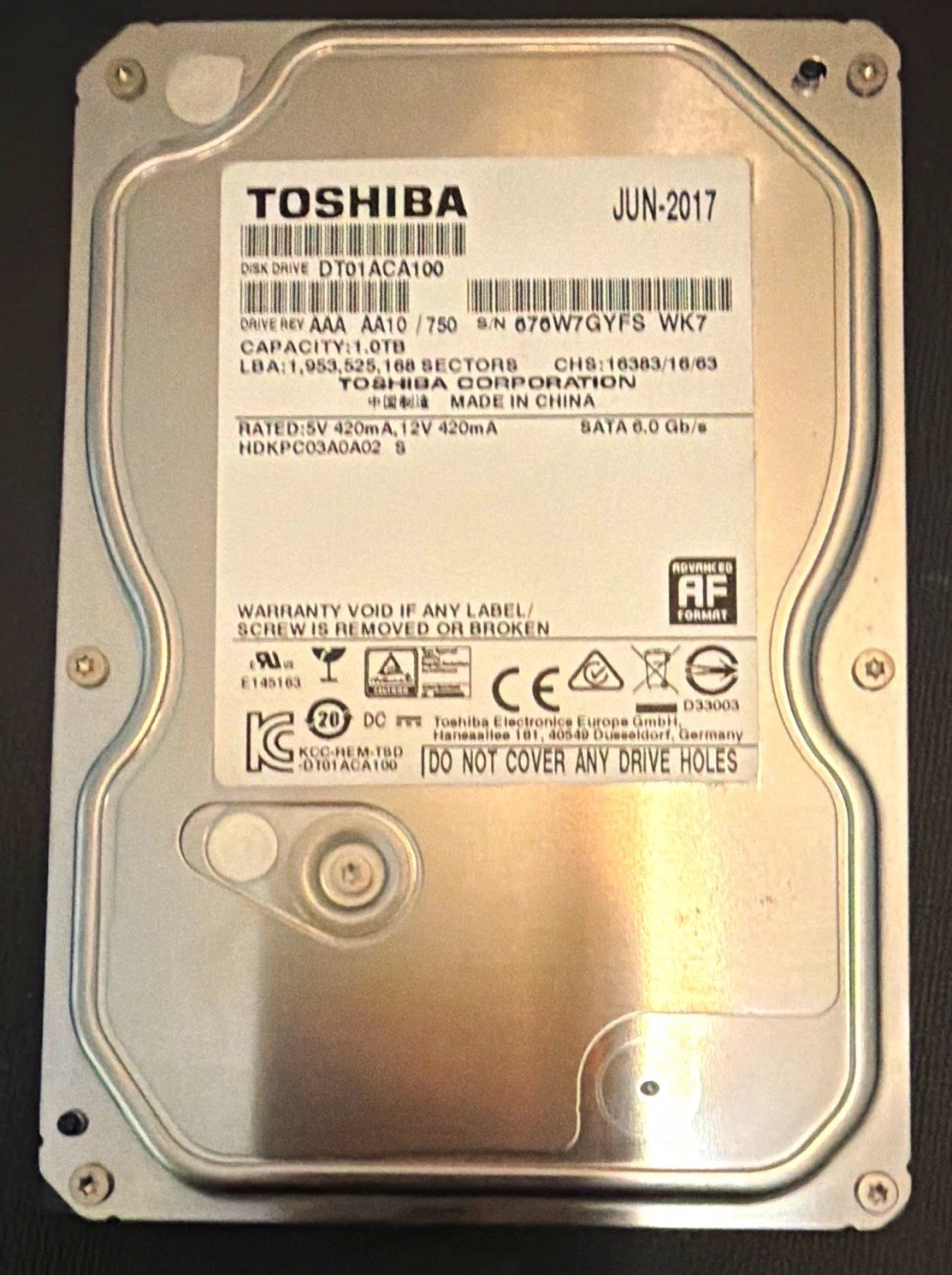 Toshiba DT01ACA100 1TB 3.5" SATA III 7200RPM 32MB Cache Internal HDD