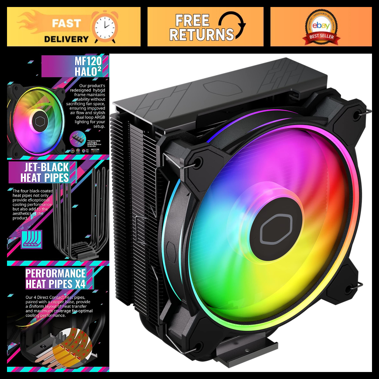 High Performance 120mm CPU Air Cooler, ARGB, Low Noise, Easy Install, AMD/Intel