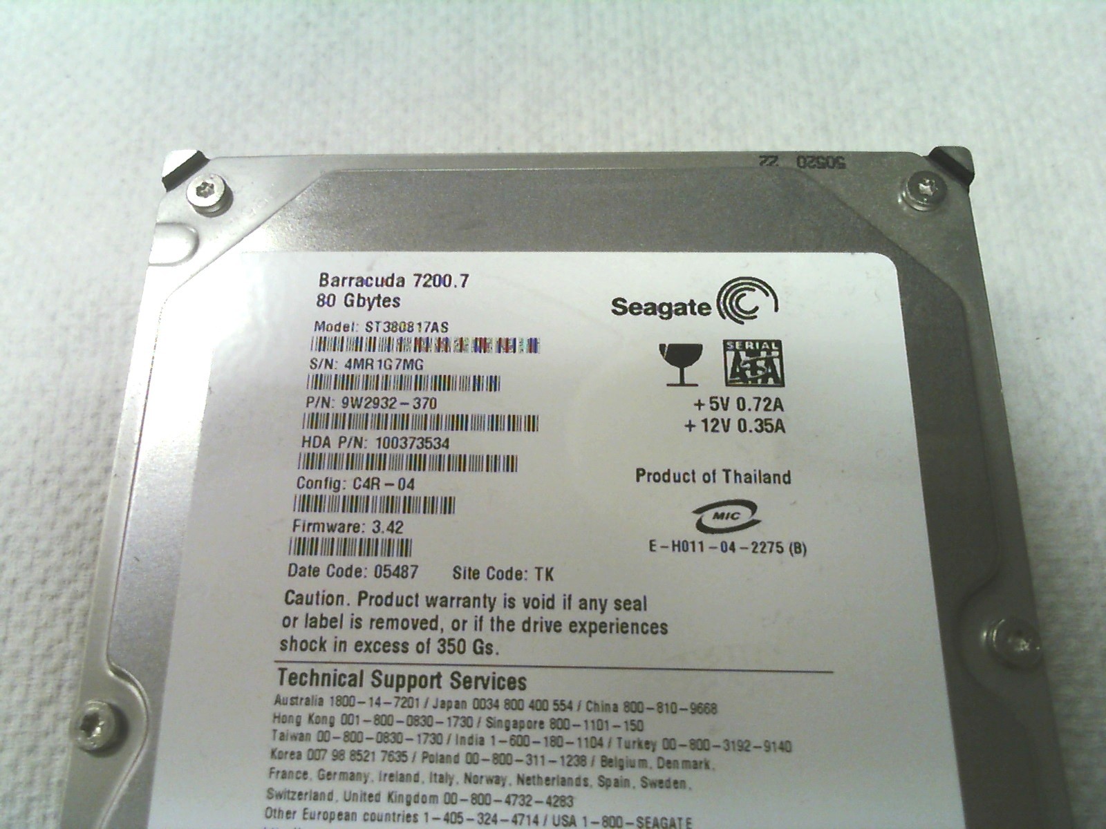 SEAGATE BARRACUDA 80GB ST380817AS 9W2932-370 100373534 3.42 05487 SATA HDD