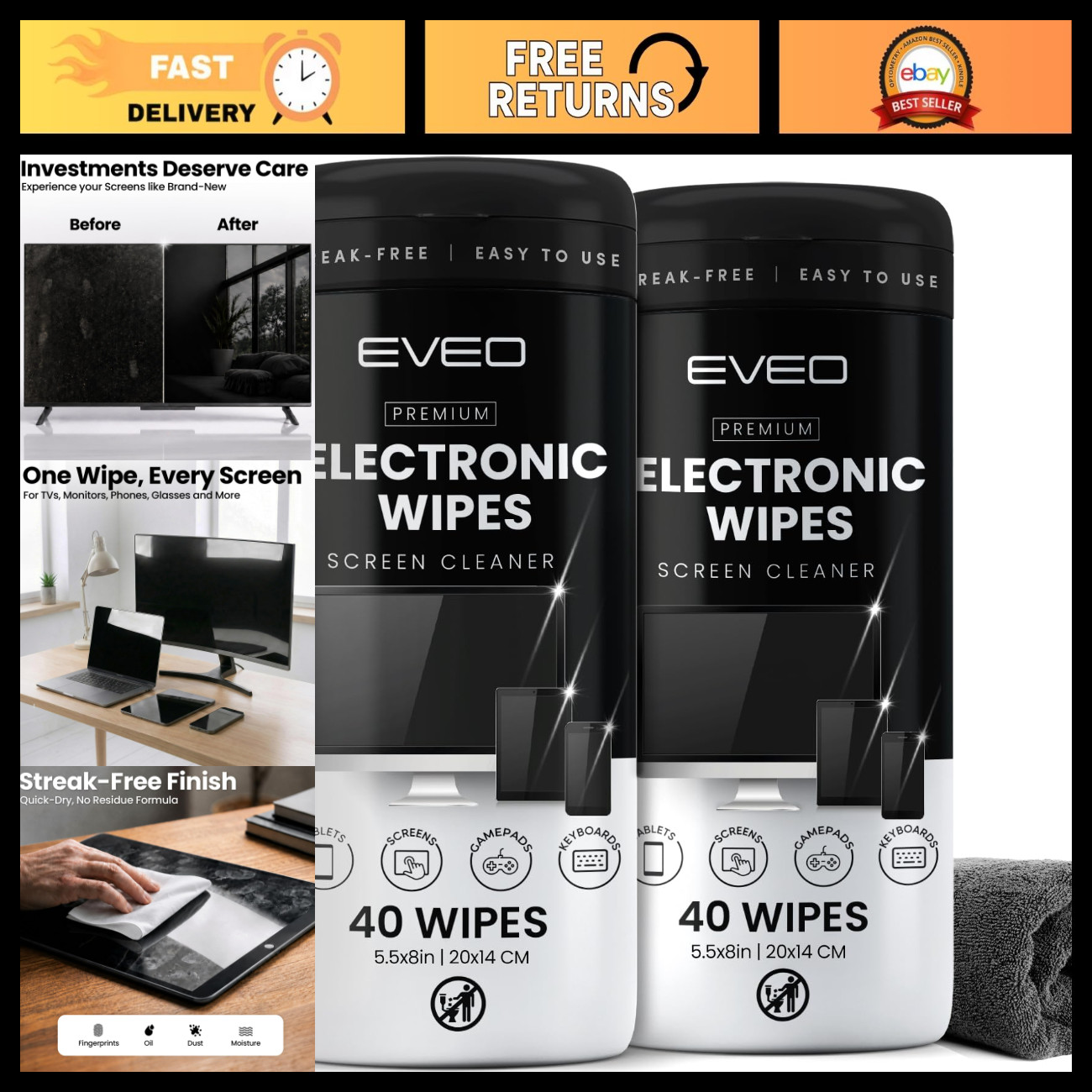 Streak-Free Electronic Screen Cleaner Wipes [2 Pack x40] for TV, Laptop, iPhone,