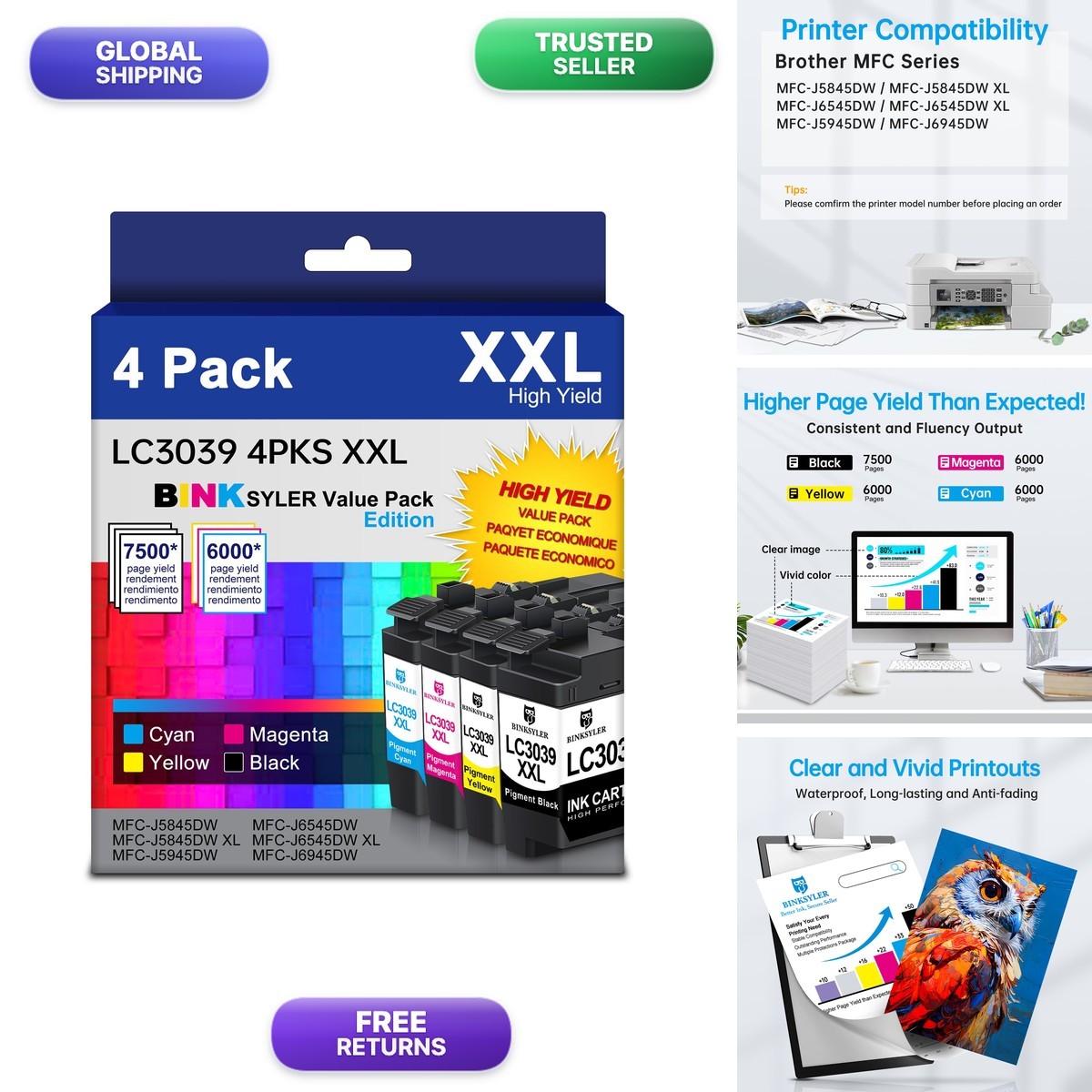 BINKSYLER LC3039 BK/C/M/Y XXL Ink Cartridges 4-Pack LC3039 LC3037
