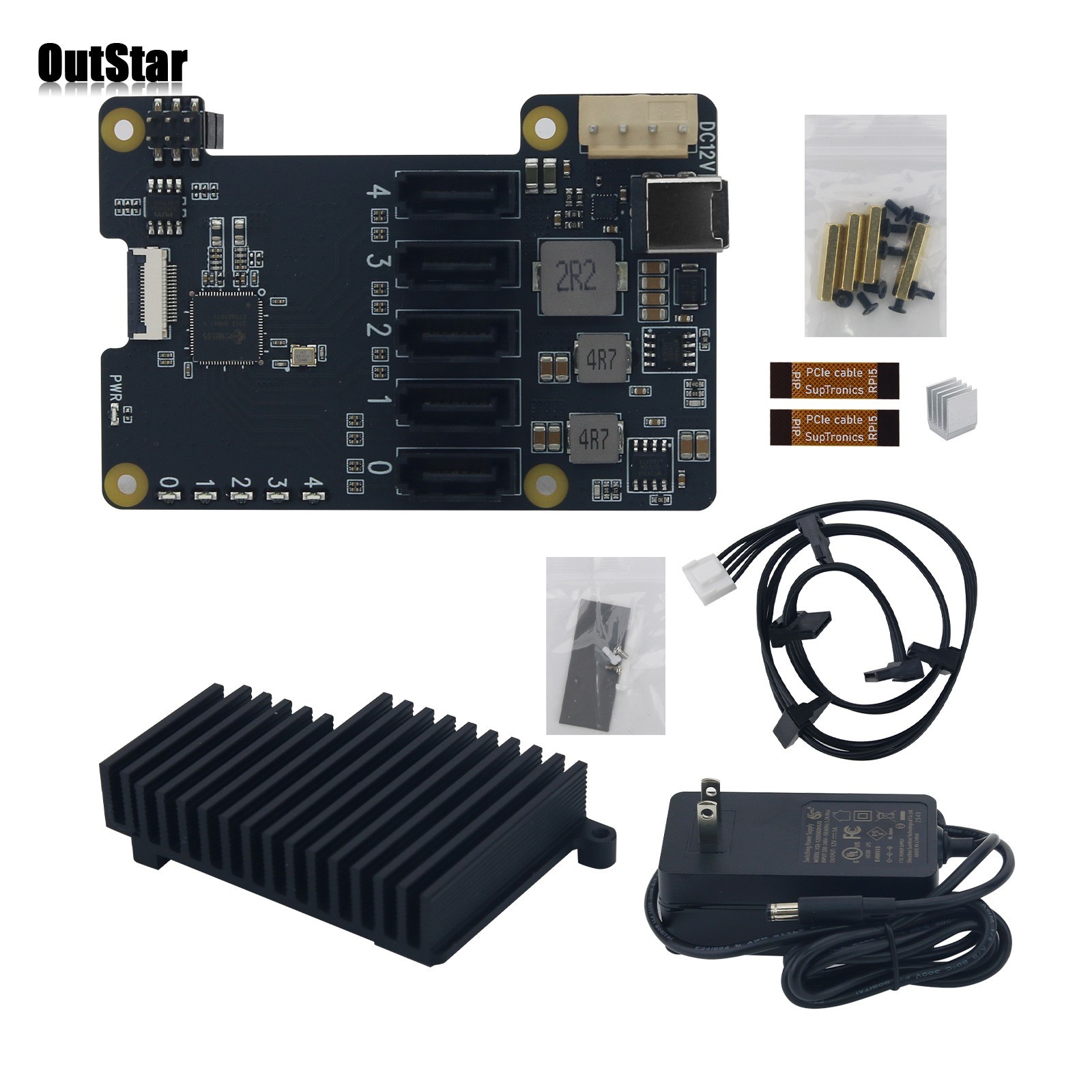 X1009 PCIe to 5-Port SATA Expansion Board w/ Passive Heatsink+DC 12V Adapter #s