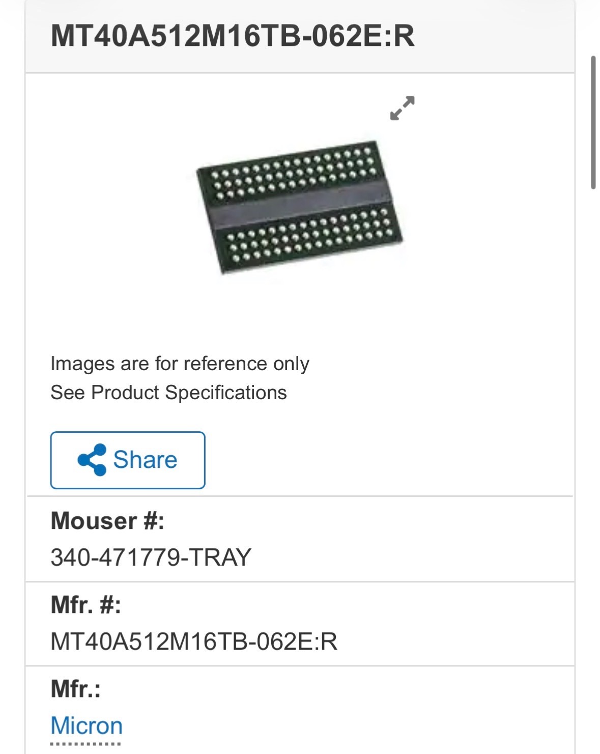 Micron MT40A512M16TB-062E:R 8Gb DDR4-3200 96-FBGA Memory IC x10