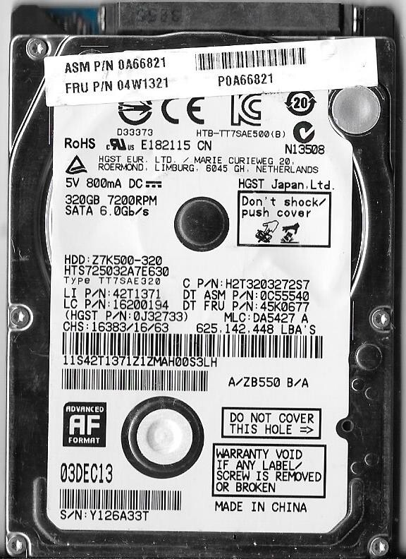 HGST HTS725032A7E630 320GB Sata Hard Drive P/N: 0J32733 MLC: DA5427