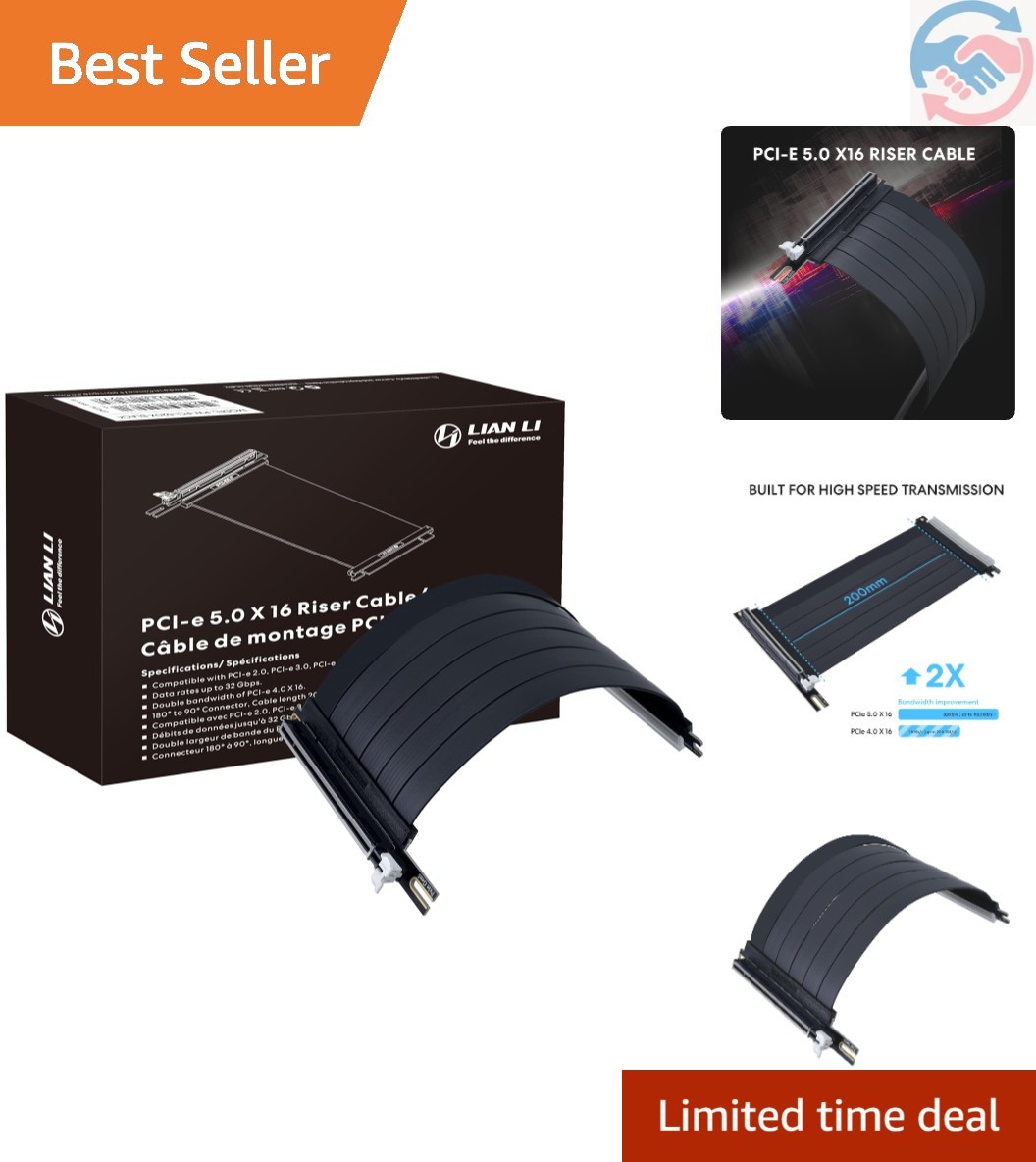 PCIe 5.0 x16 Riser Cable, 200mm GPU Extension, Black X