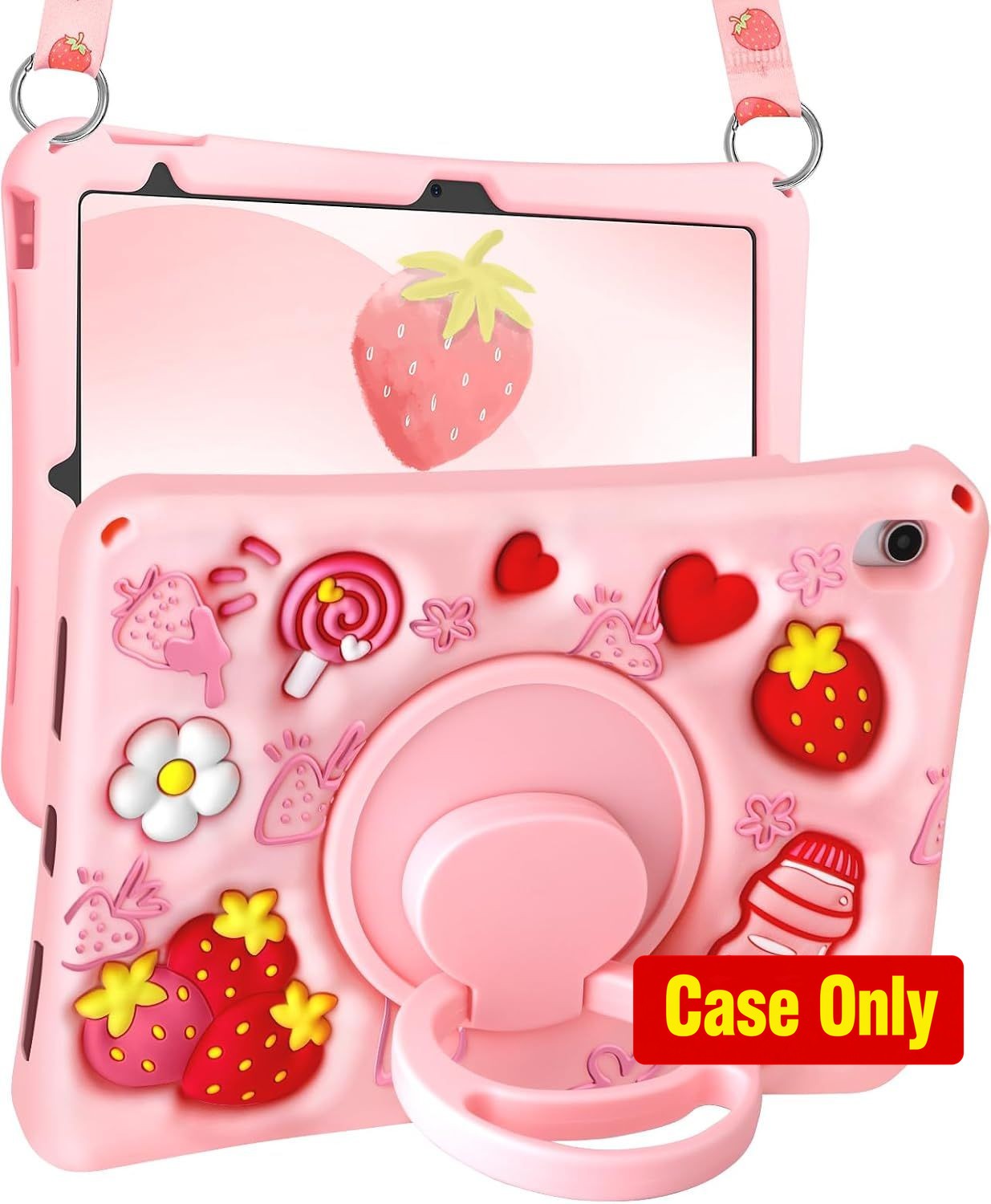 Case for iPad 10th Generation - Soft Silicone Cute Strawberry with Rotating Stan