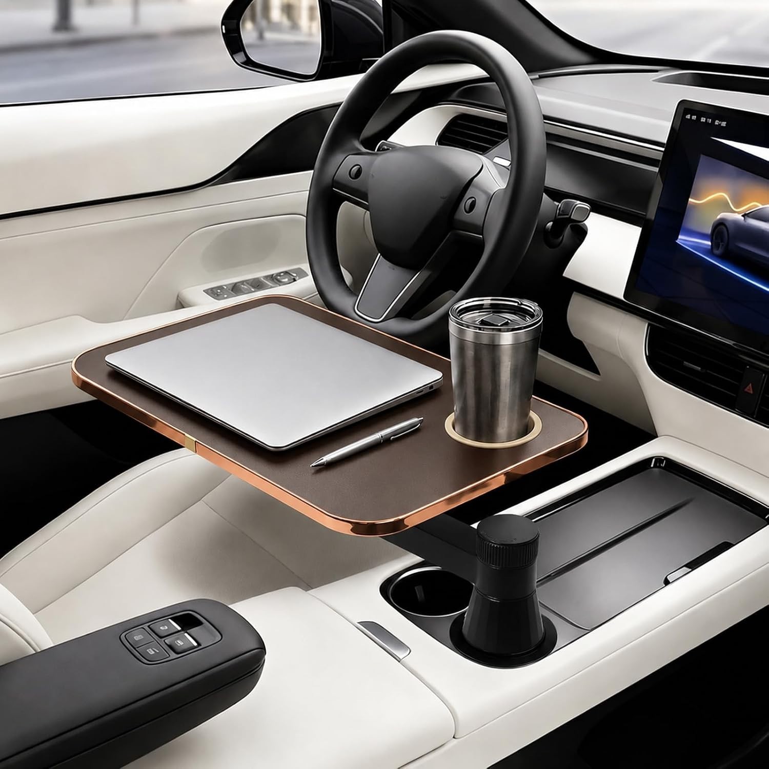 360° Rotating Car Desk Tray for Laptop and Food, Premium Leather Car Table with