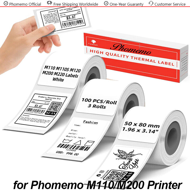 3-Roll 50x80mm Label Adhesive Tag Sticker Paper for Phomemo M110/M200 Printer
