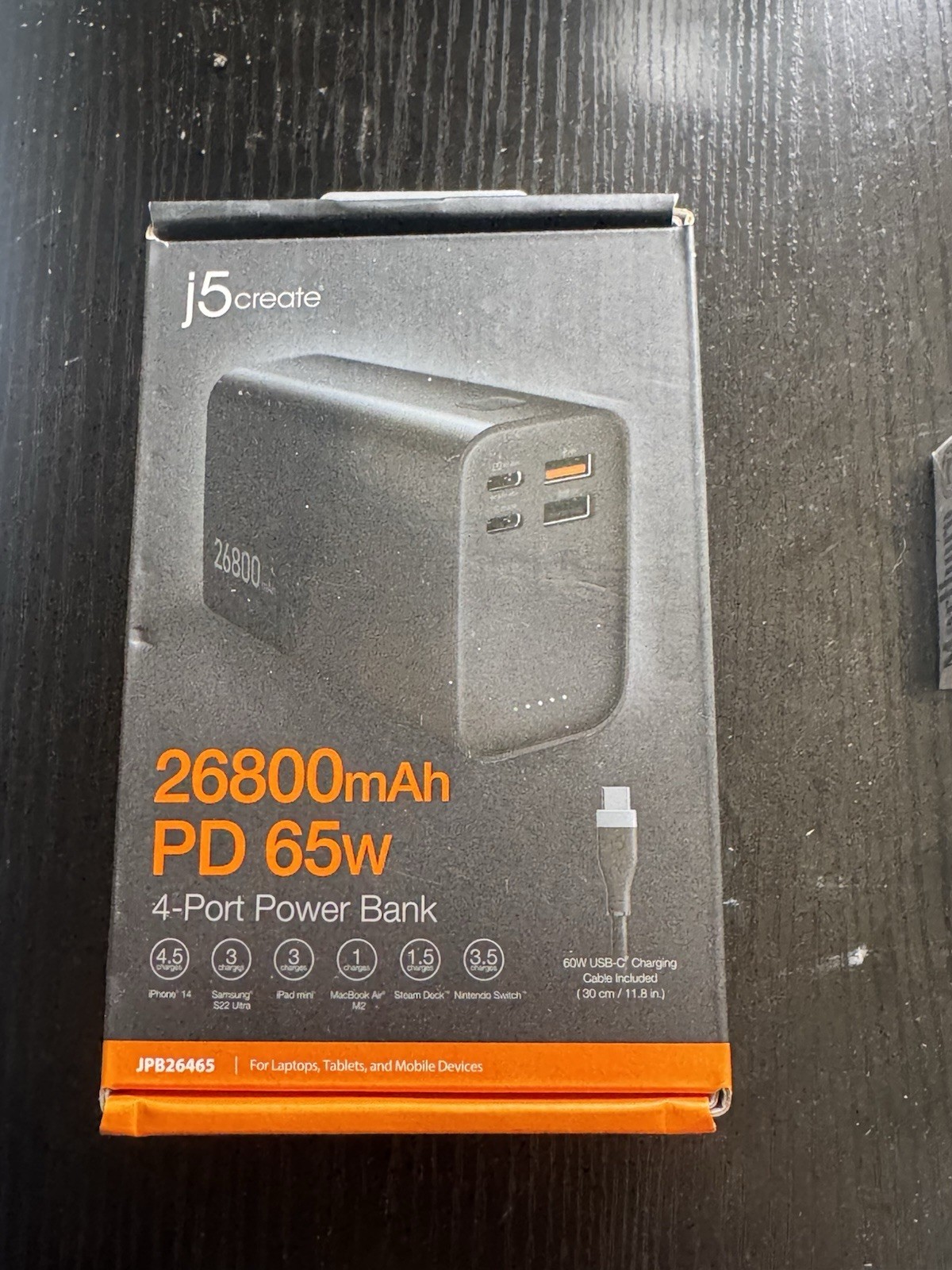 j5Create - 26800mAh PD 65W 4-Port Power Bank - JPB26465 - Black - NEW & SEALED