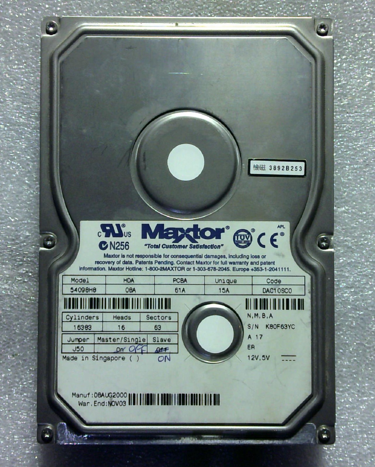 Maxtor - 54098H8 - 40GB - N M B A - SN: K80F63YCDK08A