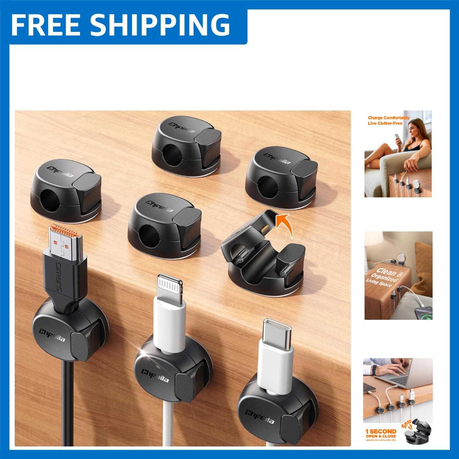 Versatile Cable Clips in Black - 8-Pack for Ultimate Organization & Access