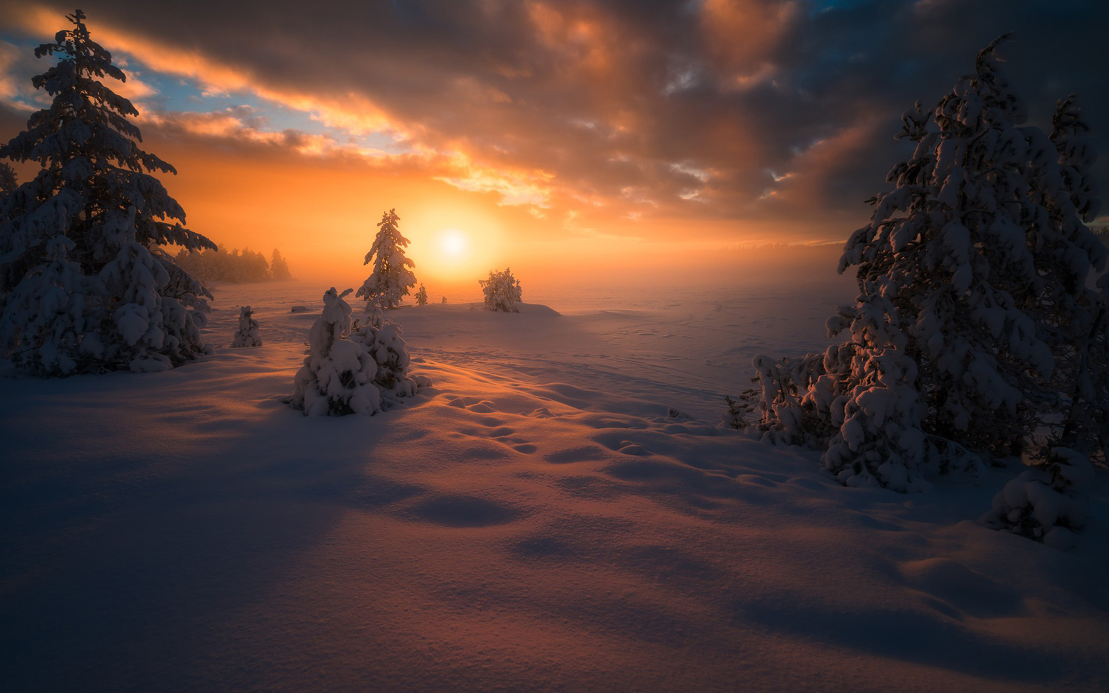 Landscape sunset nature forest snow winter overcast Custom Gaming Mat Desk