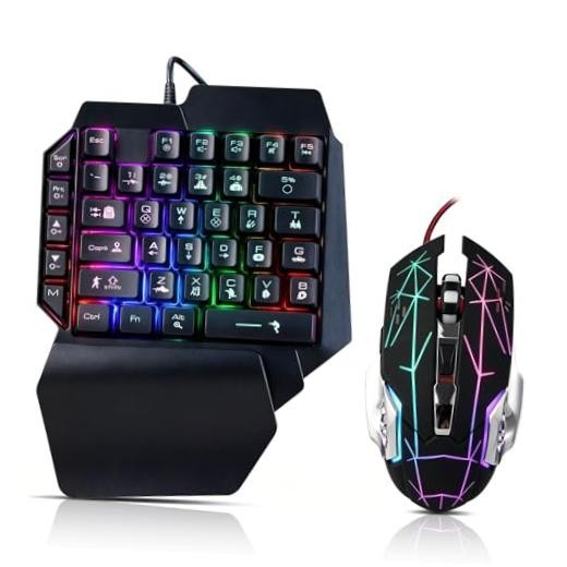 Wired One Handed Gaming Keyboard and Mouse Combo with Rainbow LED black combo