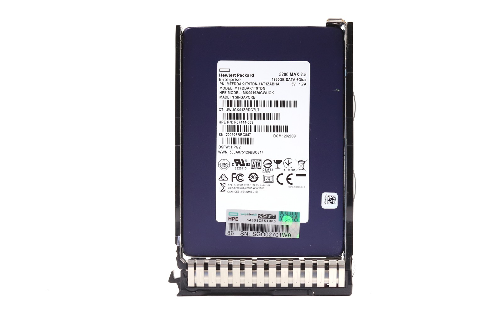 HPE MTFDDAK1T9TDN 1.92TB 2.5" 6Gb/s MU 3D TLC SATA SSD W/Caddy P/N: P07444-003