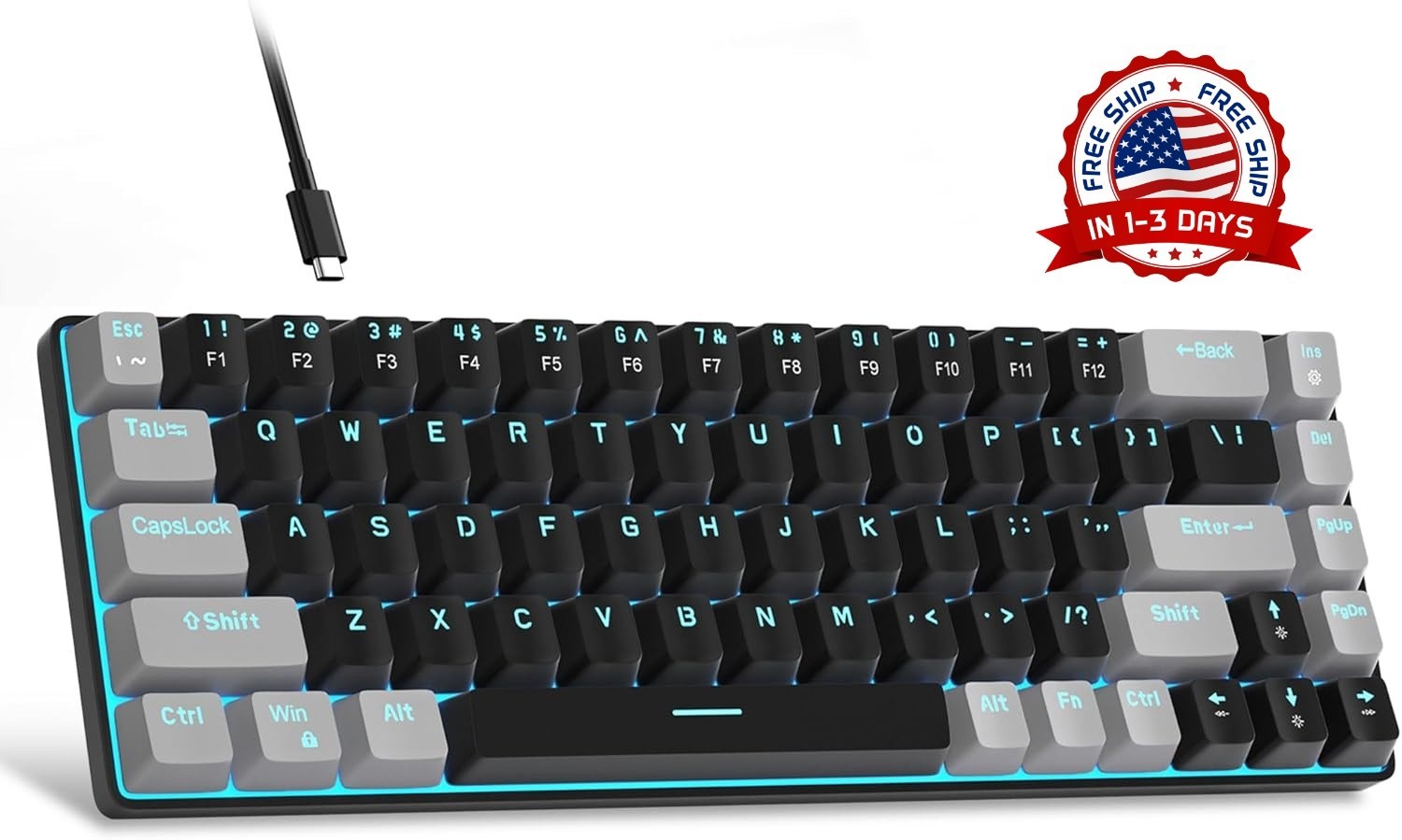 Teclado mecánico portátil para juegos, retroiluminado por LED, 60% de capacidad