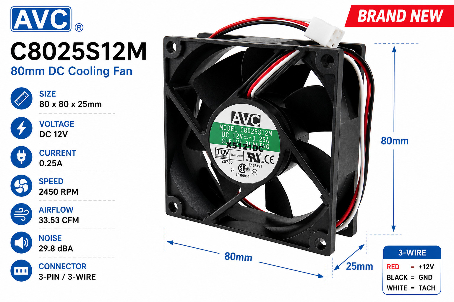 AVC C8025S12M 80mm Computer Cooling Fan 12V DC 3-Pin 80x80x25mm OEM