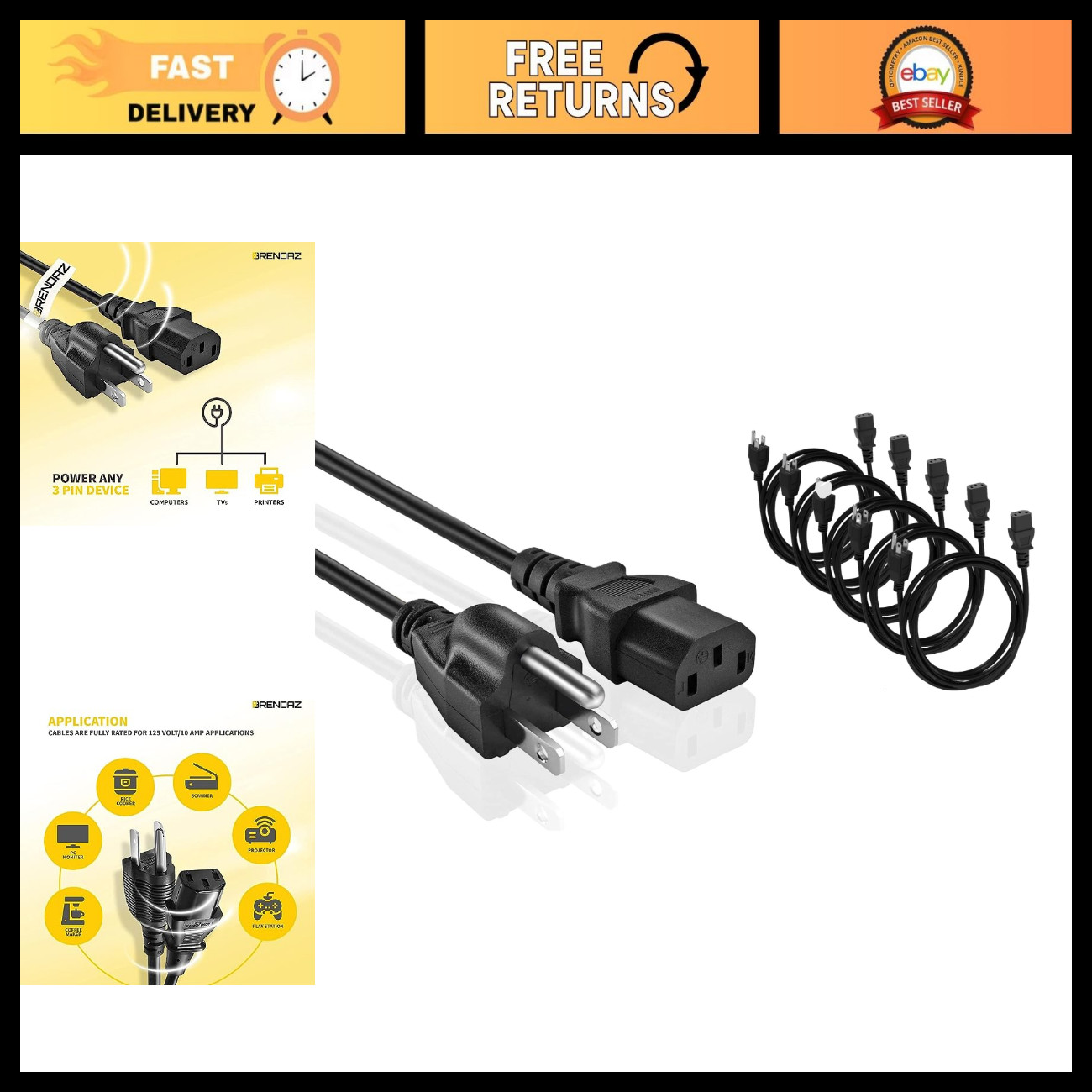 5 Pack Universal AC Power Cable - 3 Prong PC Power Cord for Monitor, Printer, TV