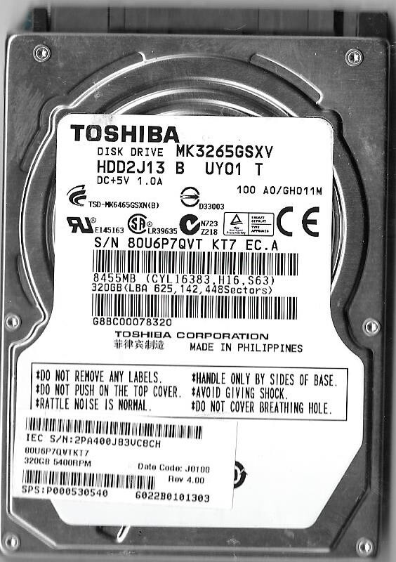 Toshiba MK3265GSXV HDD2J13 B UY01 T 320GB Sata Hard Drive