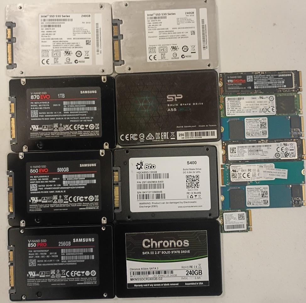 Lot of 15x mixed SSD's, 2x1tb 1x500gb, 8x256gb, 3x240gb, 1x120gb, 5.388TB