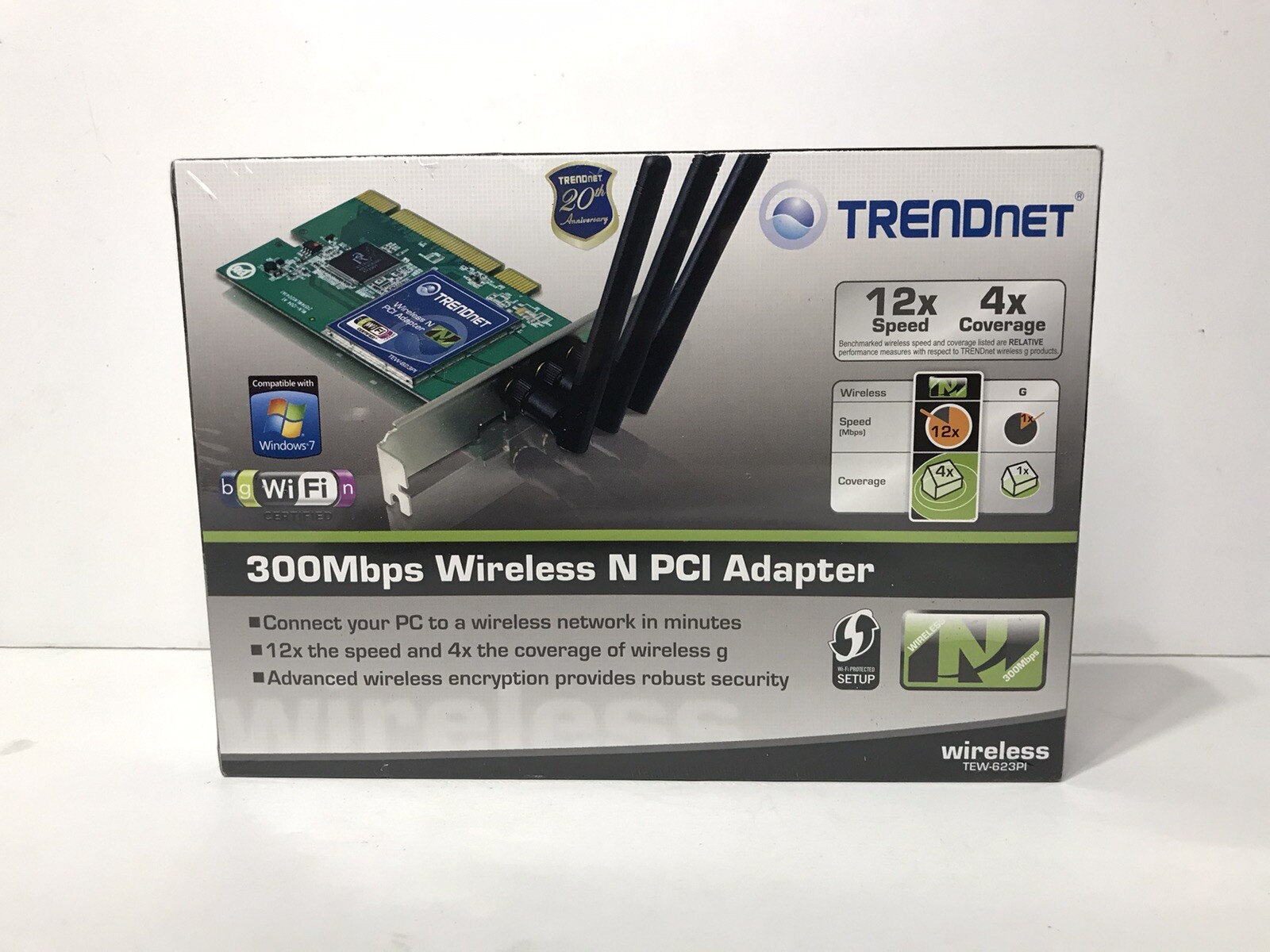 TRENDnet Wireless-N PCI Adapter 802.11n 64/128-Bit 300Mbps 2.4GHz TEW-623PI NEW