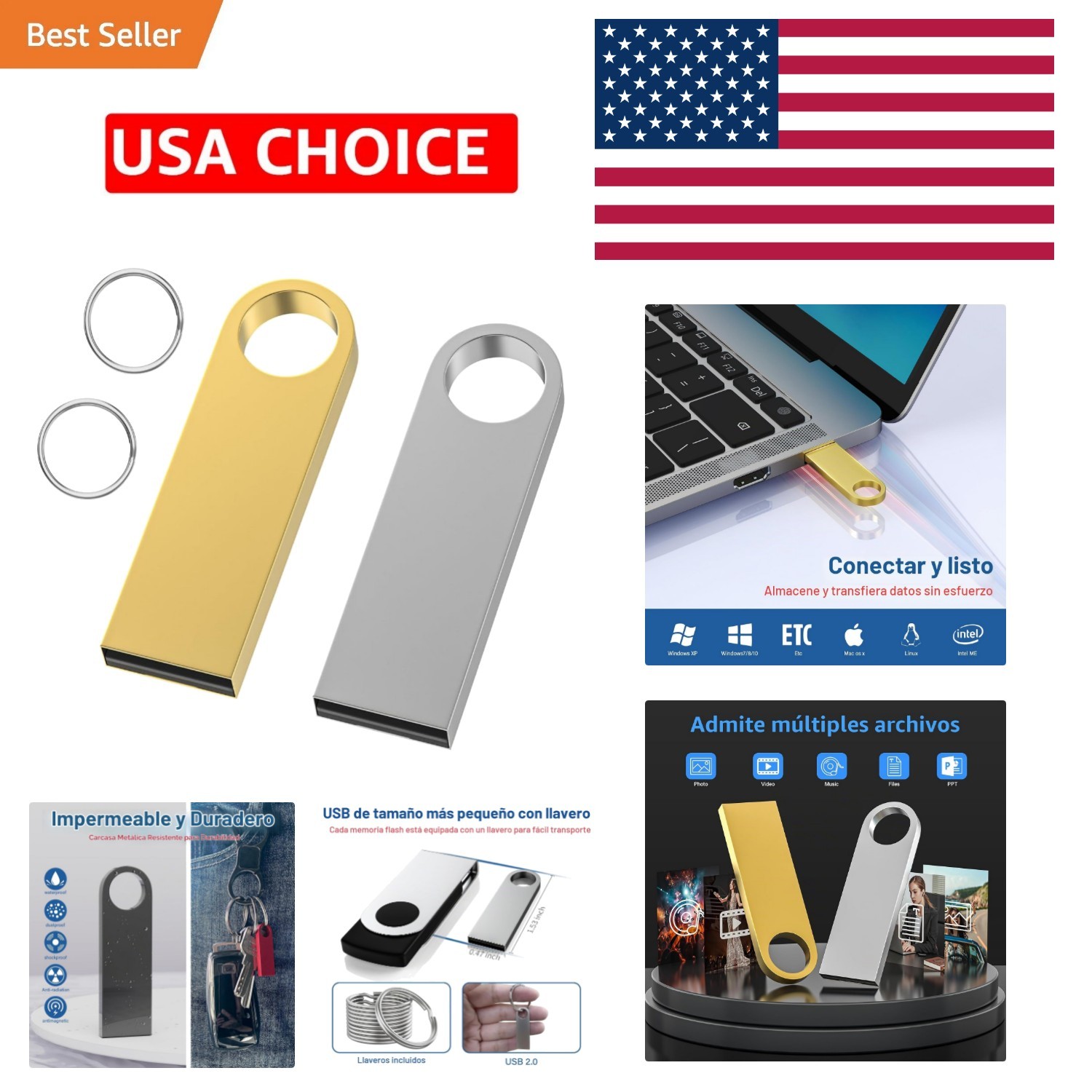 Unidad Flash USB de 2GB Paquete de 2 con Llaveros, Wooolken Unidades USB 2.0 de