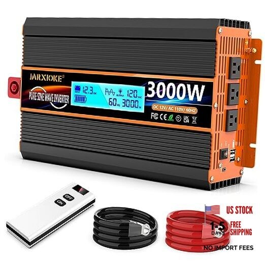 3000 Watt Pure Sine Wave Power Inverter 12V DC to 110V 120V Converter 12V-3000W