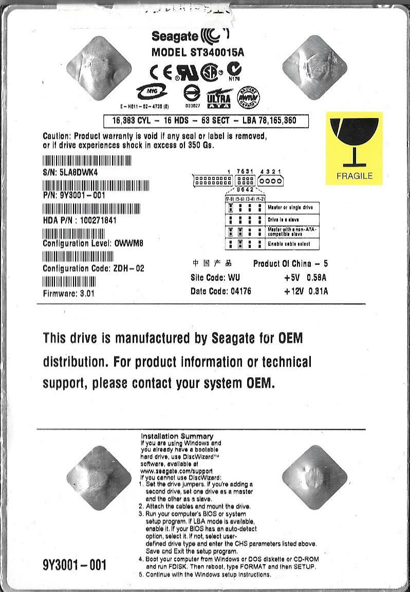 Seagate ST340015A 40GB IDE Hard Drive P/N: 9Y3001-001 Firmware: 3.01  WU