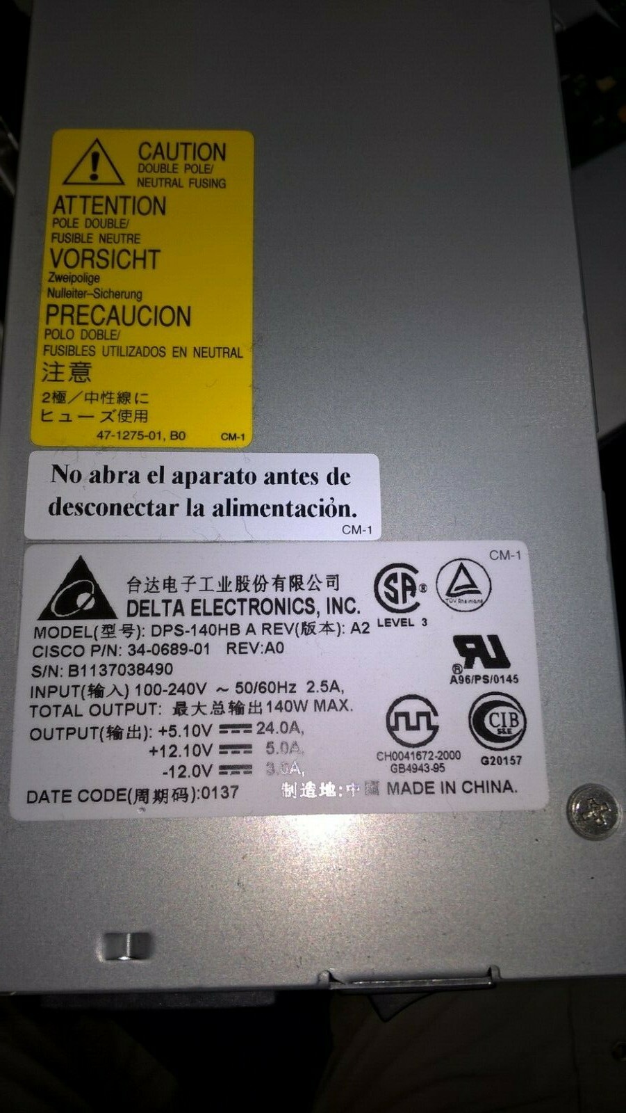 Delta Electronics Inc Cisco 3600 Series Power Supply DPS-140HB 34-0689-01