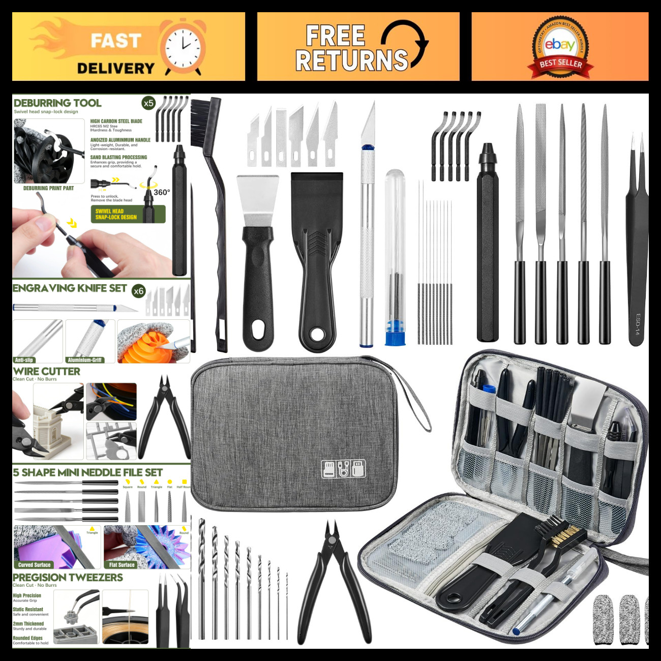 51Pcs 3D Printer Tool Kit with Case, Essential Accessories for FDM Printing, Deb