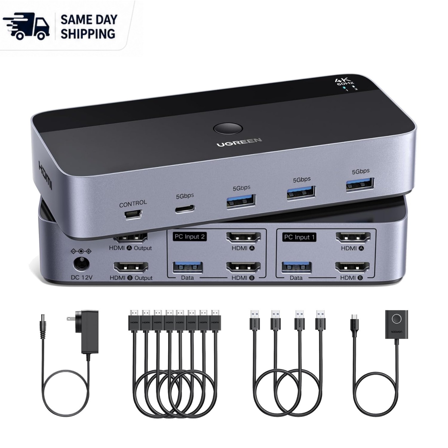 Effortless HDMI KVM Switch 2 Monitors 2 Computers 4K@60Hz with Quick Access USBs