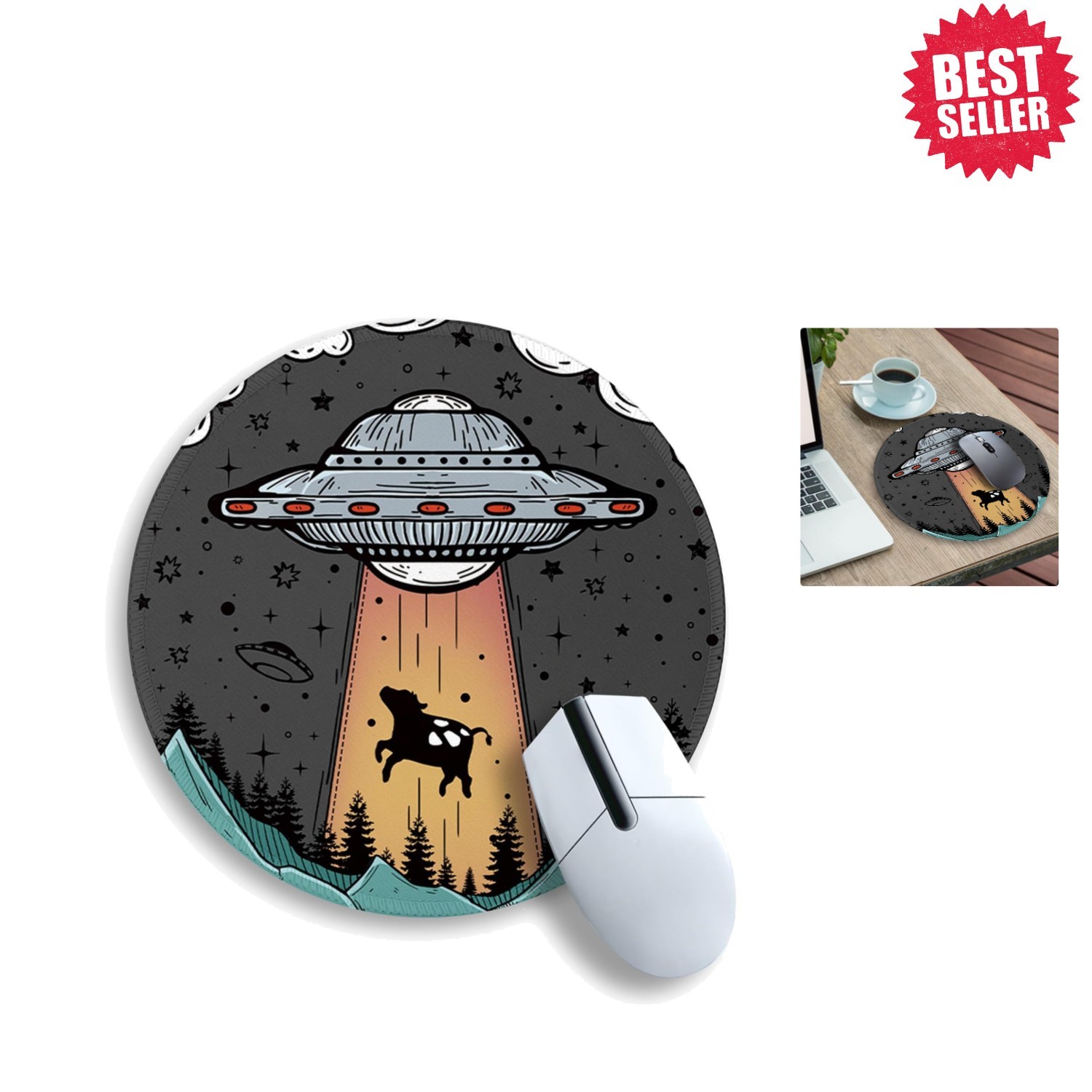 Cute and Funny UFO Cow Mouse Pad - Lightweight, Waterproof, 8.66 inches